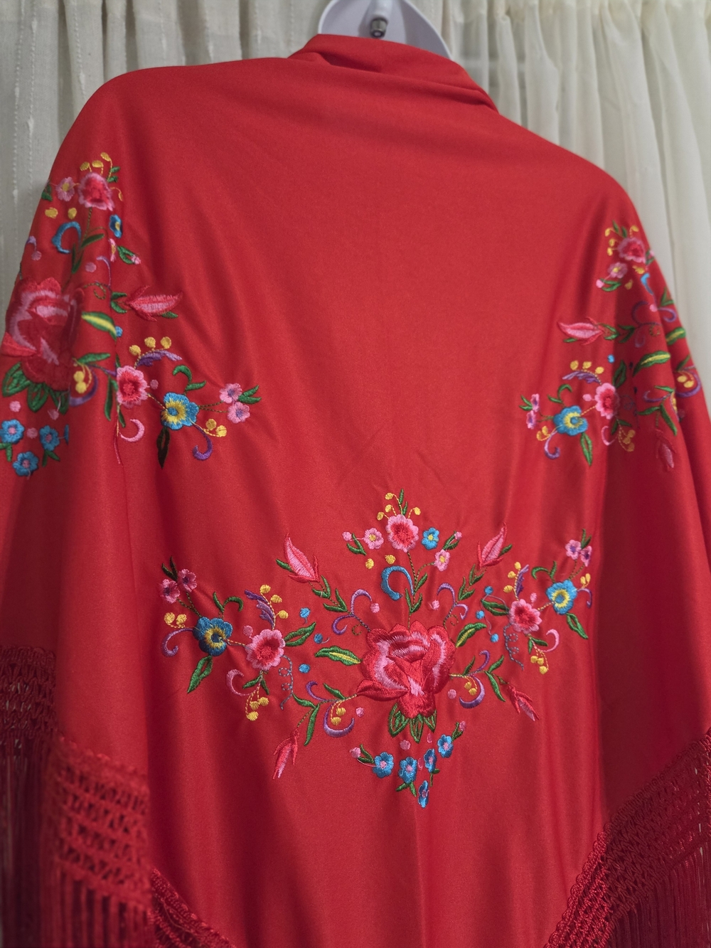 Red Floral Embroidered Fringe Shawl - Picture 6 of 8